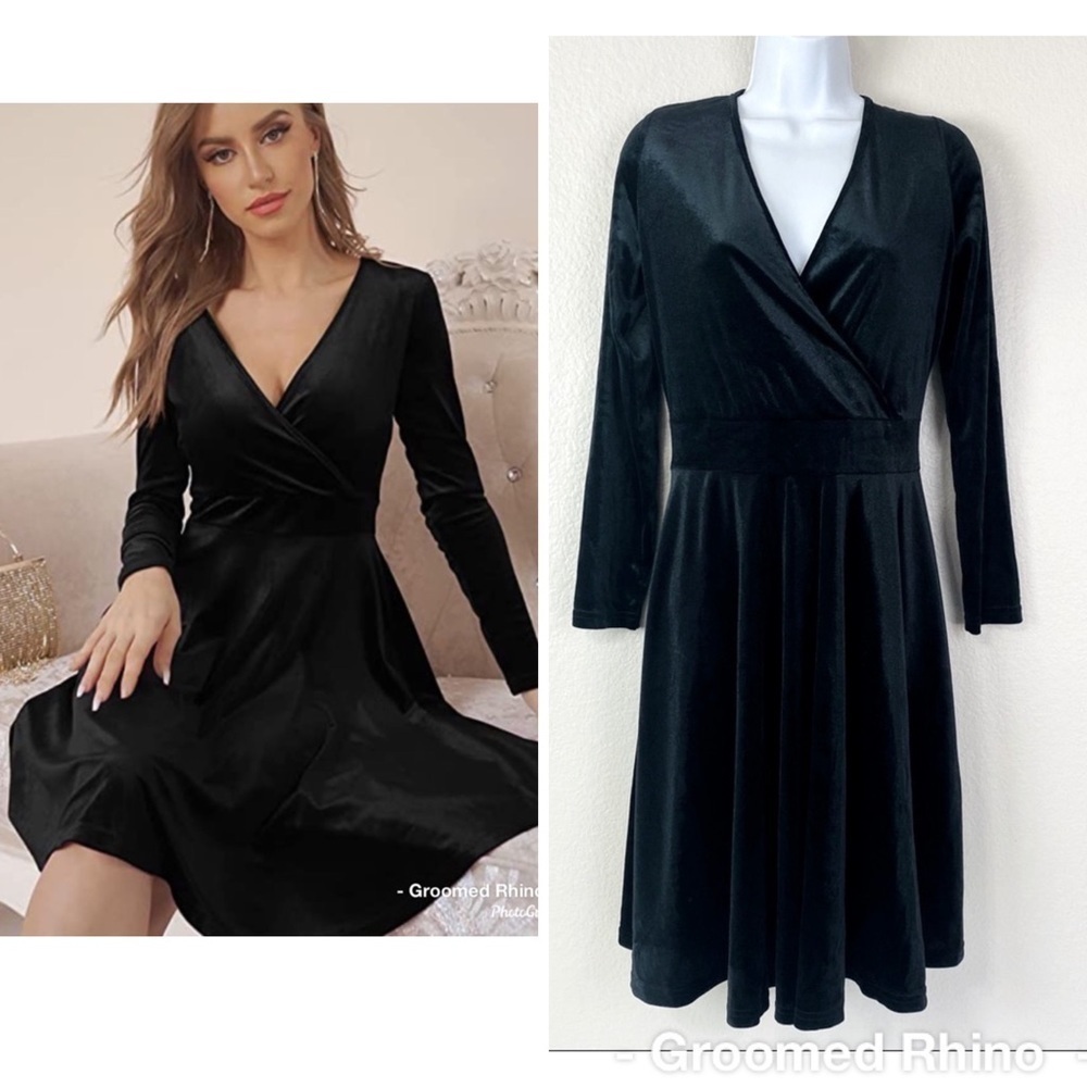 Guberry Wrap V-Neck Long Sleeve Black  Evening Dress Size L